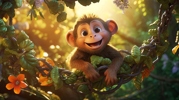 un singe avec un sourire dans un dessin animé d'arbre