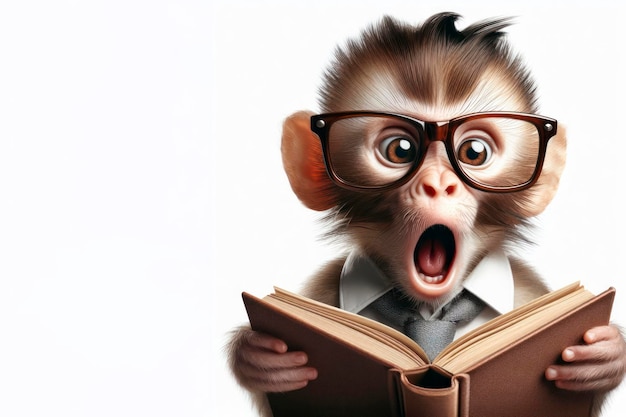 Un singe surpris dans des lunettes tenant un livre ouvert sur un fond blanc