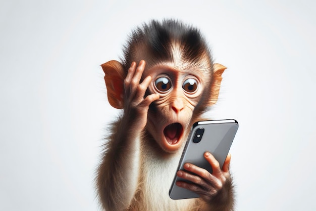 un singe surpris parlant sur un téléphone portable sur un fond blanc