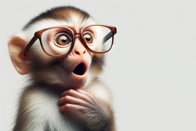 Le singe surpris porte des lunettes sur un fond blanc.