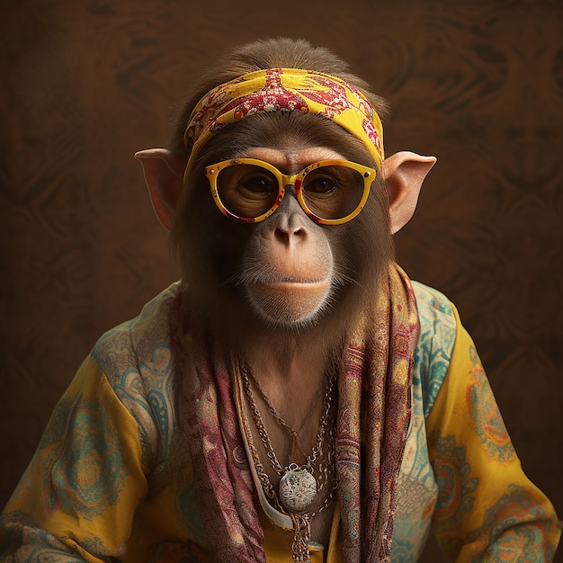 singe en tenue bohème hippie médiévale bohème avec perles surréaliste