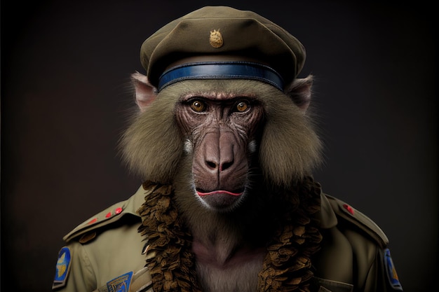 Un singe en uniforme militaire avec un chapeau qui dit "roi des singes"