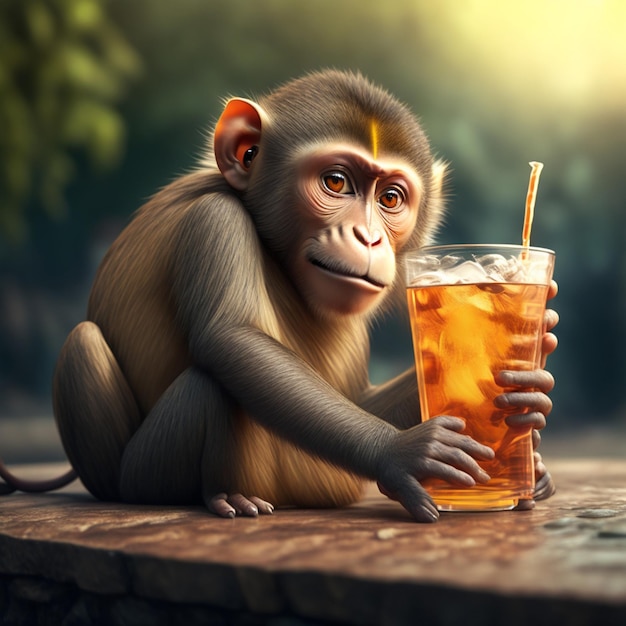 Un singe avec un verre de jus d'orange