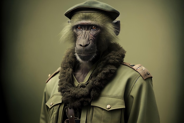 Un singe avec une veste verte et un chapeau