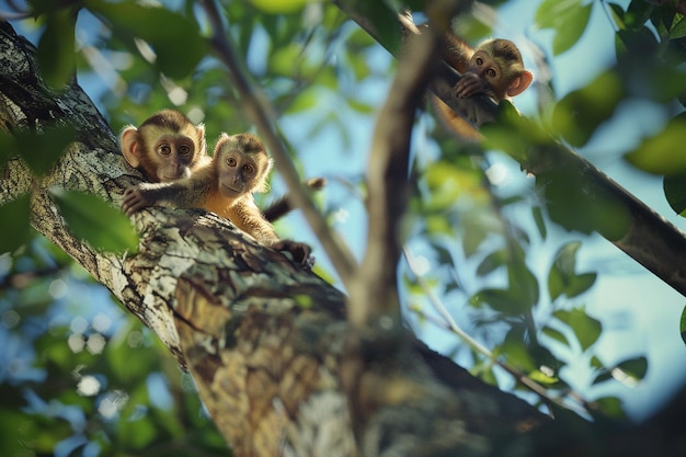 Photo des singes méchants se balançant d'un arbre à l'autre
