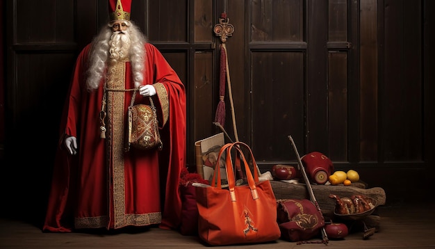 Photo sinterklaas avec un bâton et un sac en tenue de prêtre orthodoxe russe