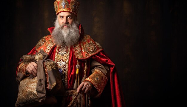 Photo sinterklaas avec un bâton et un sac en tenue de prêtre orthodoxe russe