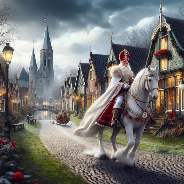 Sinterklaas chevauchant son cheval blanc Amerigo à travers un pittoresque village hollandais