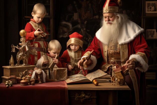 Sinterklaas et les enfants confectionnent des plats traditionnels