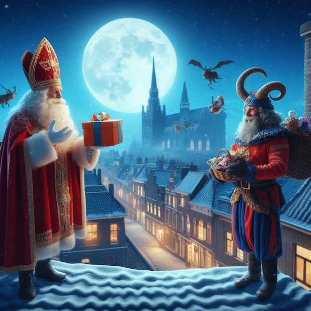 Sinterklaas et Zwarte Piet livrant des cadeaux sur des images d'arrière-plan enneigées de Sinterklaas