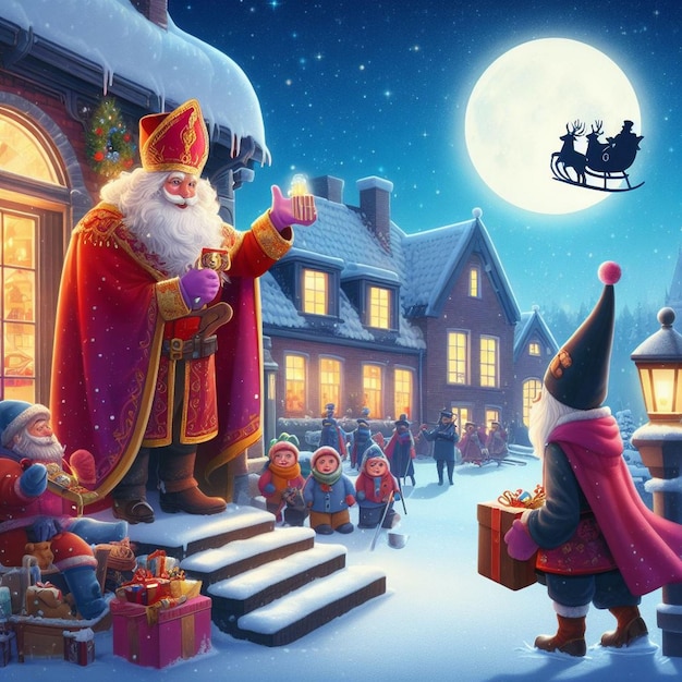 Sinterklaas et Zwarte Piet livrant des cadeaux sur des images d'arrière-plan enneigées de Sinterklaas