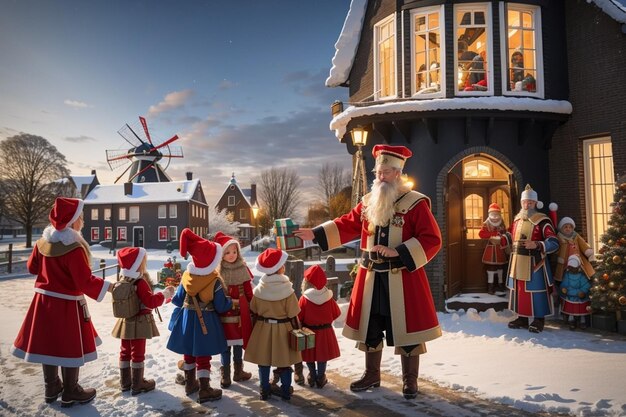 Photo sinterklaas et zwarte pieten distribuent des cadeaux aux enfants devant un moulin à vent historique