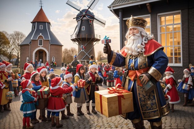 Photo sinterklaas et zwarte pieten distribuent des cadeaux aux enfants devant un moulin à vent historique