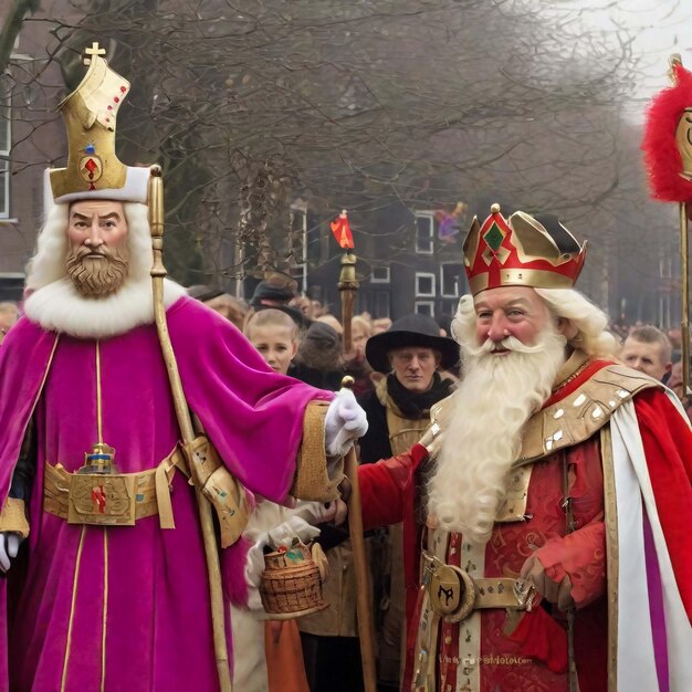 Sinterklass en néerlandais montant son cheval défilant dans la ville annonçant son arrivée dans la ville esc