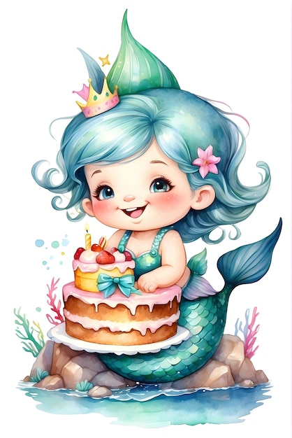 Sirène Animal à l'aquarelle avec gâteau d'anniversaire Animal mignon avec gâteau Célébration d'un anniversaire d'animal