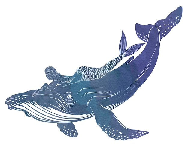 La sirène chevauche une peinture à l'aquarelle de baleine