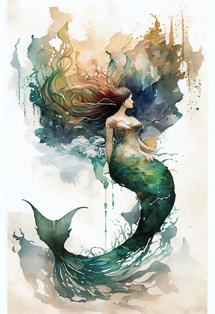 Sirène cheveux longs queue verte océan coloré créature mystique aquarelle conception d'art graphique