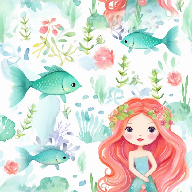 Sirène avec des poissons et des fleurs dans un style aquarelle ai génératif