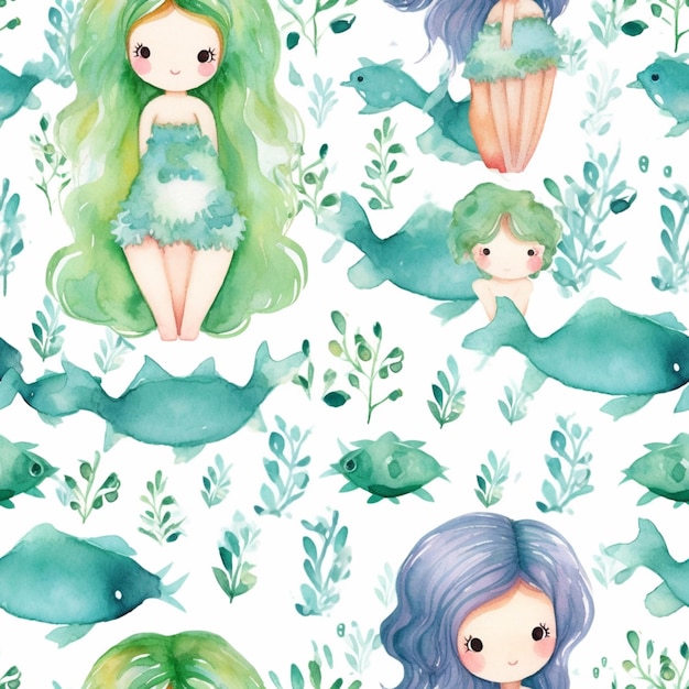 Sirènes et dauphins aquarelles sans couture avec cheveux verts et cheveux bleus ai génératif