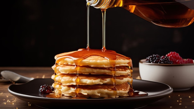 Le sirop d'érable versé sur les crêpes