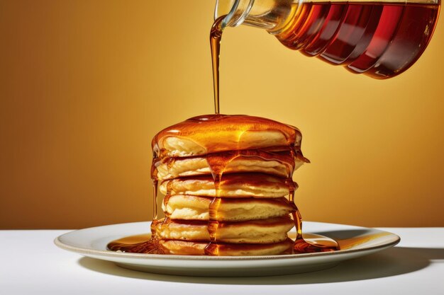 Photo sirop versé sur une pile de crêpes moelleuses