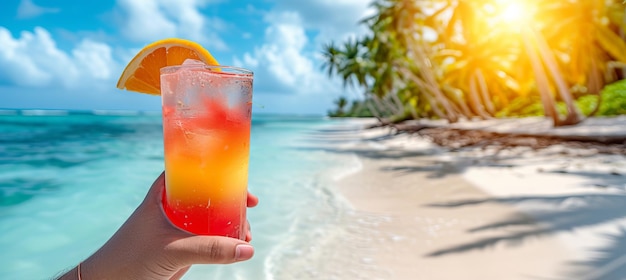 En sirotant une tequila au lever du soleil sur une plage paradisiaque par une chaude journée d'été avec beaucoup d'espace pour le texte