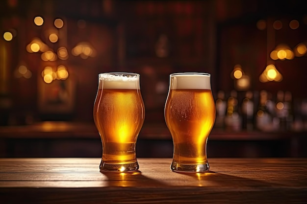 Sirotez et socialisez deux verres de bière sur une table en bois dans un pub ou un restaurant