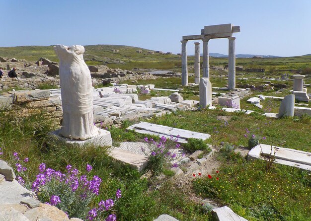 Photo site archéologique de delos dédié aux dieux grecs apollon et artémis grèce