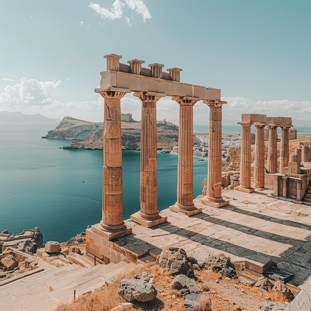 Site archéologique historique L'acropole de Lindos entourée de ruines