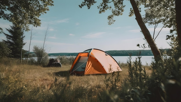 Site de camping d'été avec une tente orange près du lac d'été image générée par le réseau neuronal