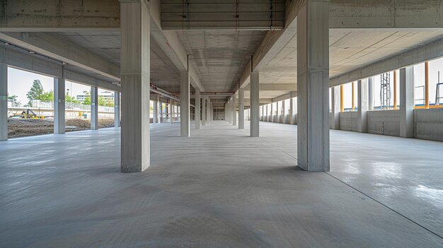 Site de construction moderne et spacieux avec des piliers et des poutres en béton