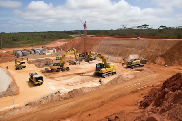 Site de construction avec un nouveau puits de mine creusé et de l'équipement apporté créé avec une IA générative