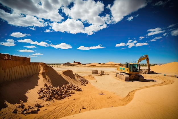 Site d'excavation avec vue sur les dunes de sable et ciel bleu clair