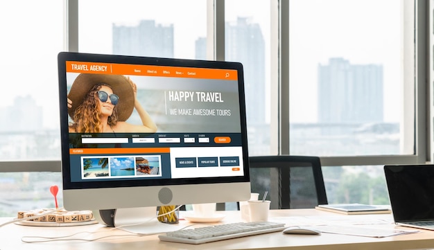 Photo site web d'agence de voyages en ligne pour la recherche moderne et la planification de voyages, propose des offres et des forfaits pour la réservation de vols, d'hôtels et de circuits