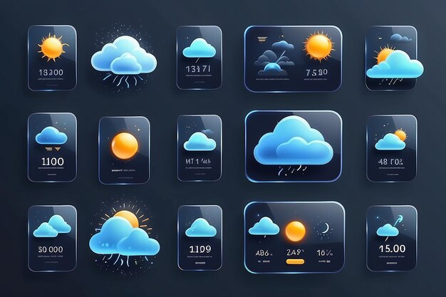 Photo site web ou application mobile ui icône définie pour les prévisions météorologiques conception de morphisme de verre moderne en 3d