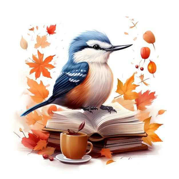 Sittelle avec livre et tasse dans les bois d'automne