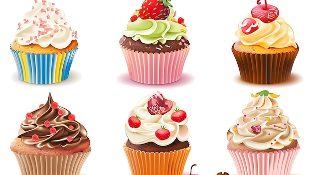 Six cupcakes assortis avec diverses garnitures et glaçage coloré isolés sur un fond blanc