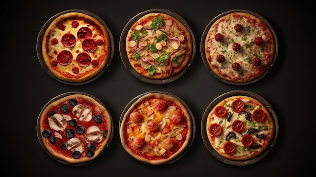 Six délicieuses pizzas sur des moules à pâtisserie