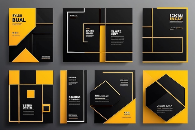 Six ensembles de modèles de bannières carrées minimales modifiables couleur de fond jaune noir forme de ligne carrée géométrique