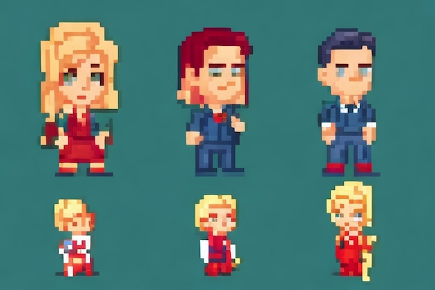 Six personnages pixel art sur fond vert