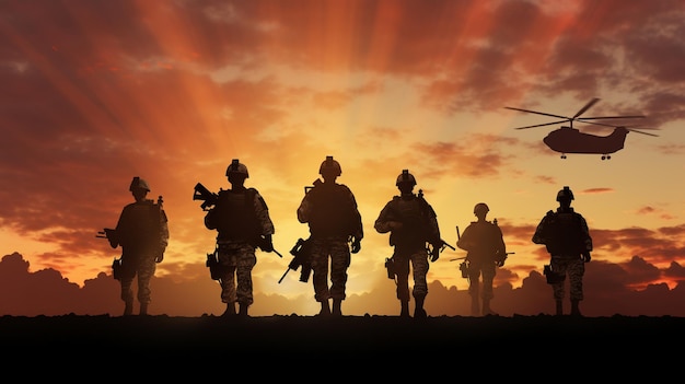 Six silhouettes militaires sur fond de ciel coucher de soleil