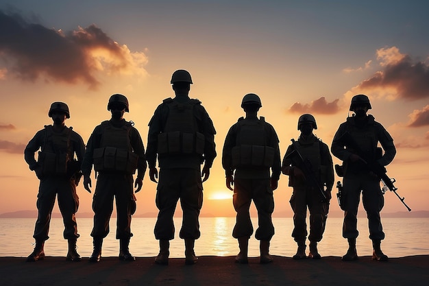 Six silhouettes militaires sur le fond du ciel au coucher du soleil