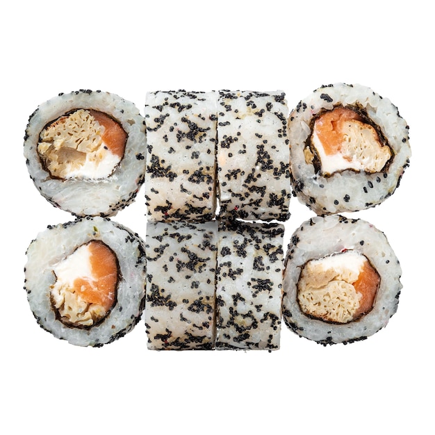 Six de Sushi roll sur le fond blanc Gros plan de délicieux plats japonais avec sushi roll