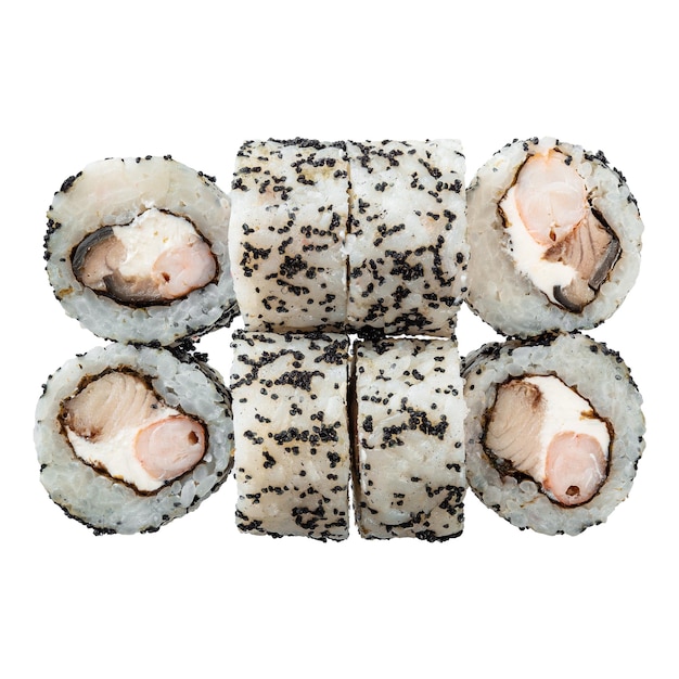 Six de Sushi roll sur le fond blanc Gros plan de délicieux plats japonais avec sushi roll