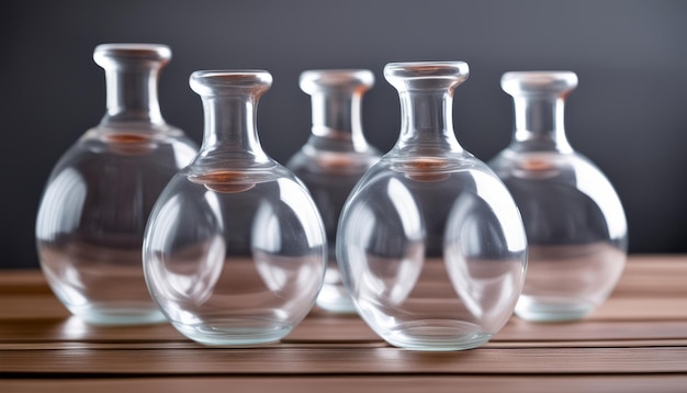 Six vases de verre de différentes tailles et formes sont alignés sur une table en bois