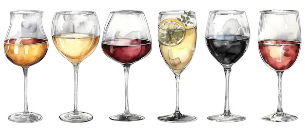 Six verres de différentes variétés de vin