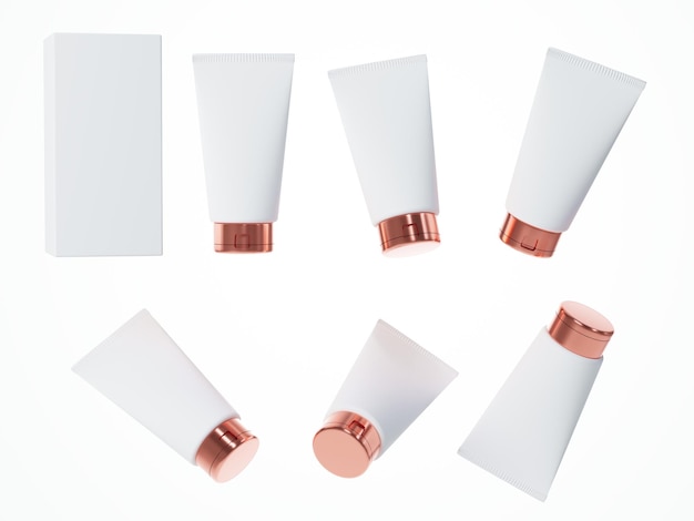 Six vues différentes du tube de crème cosmétique blanc avec capuchon en or rose avec boîte isolée sur fond blanc rendu 3D emballage et image de marque du produit de soin