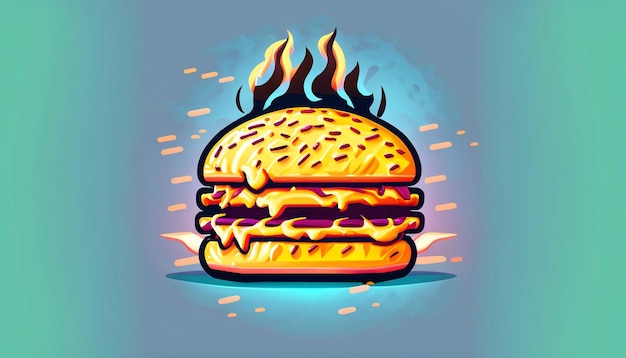 Sizzling Delight Free Vector Burger Cheese avec feu dessin animé icône Illustration tentant objet alimentaire