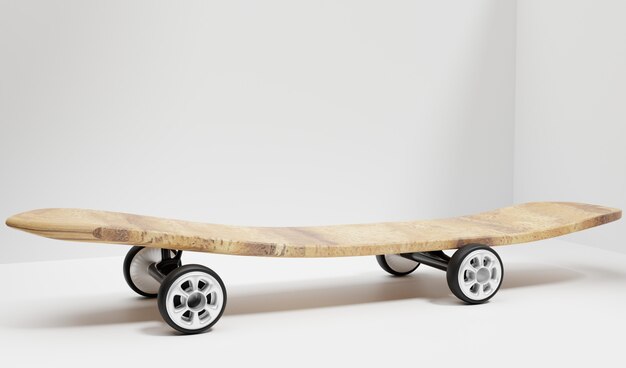 Skateboard en bois dans la salle blanche