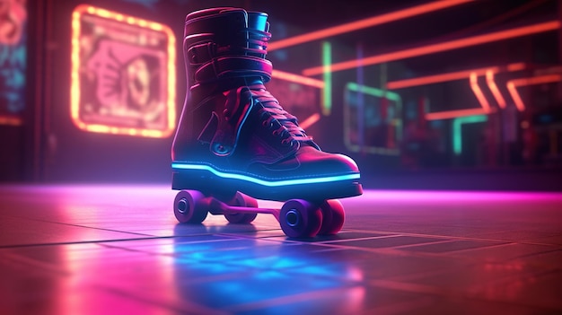 Skateboard à roulettes dans le style cyberpunk disco nostalgique des années 80 90 lumières de nuit au néon